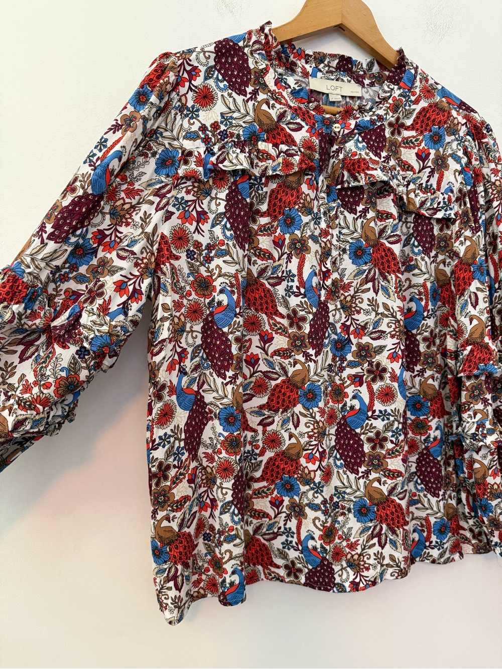 Loft Top Women’s Floral Peacock Ruffle Sleeve - Picture 2 of 14